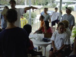Meeting on the dining hall porch
